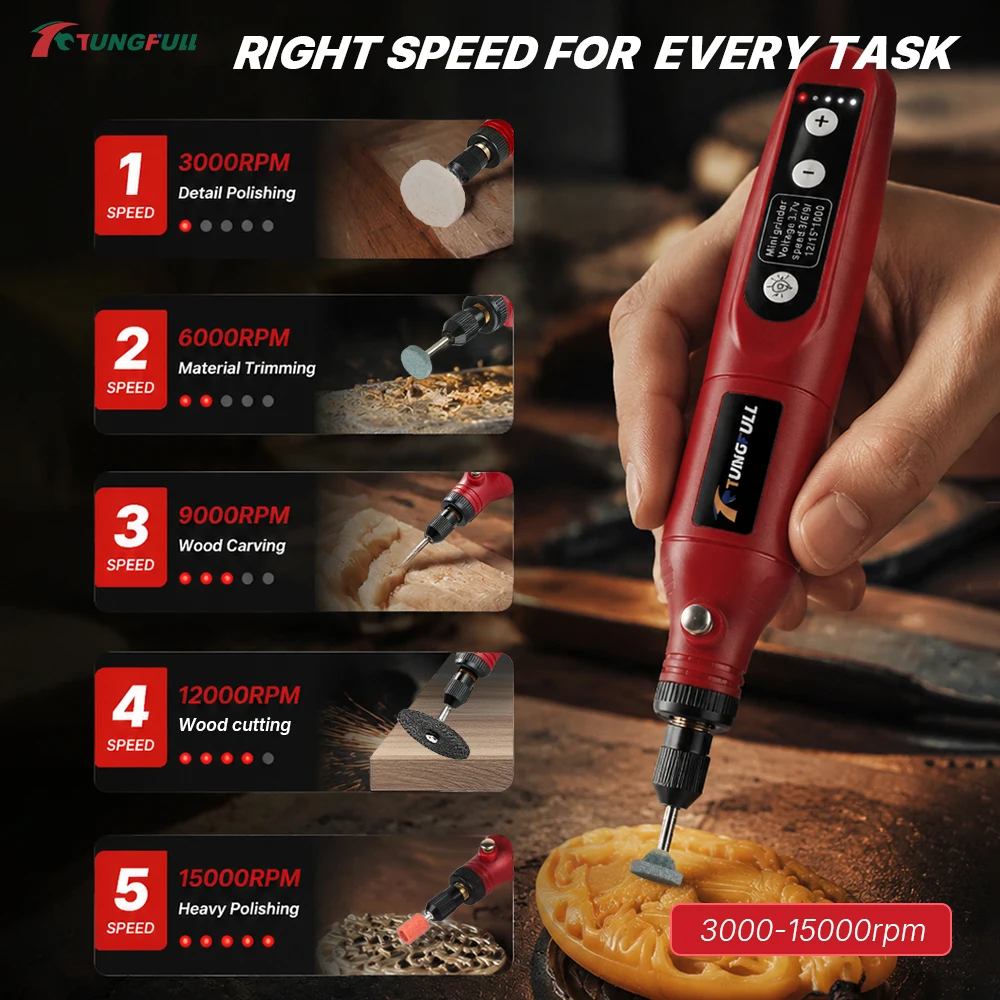 USB-Rechargeable Cordless Mini Rotary Tool with 5-Speed LED Light Mini Grinder Pen for Polishing, Engraving, and Drilling DIY
