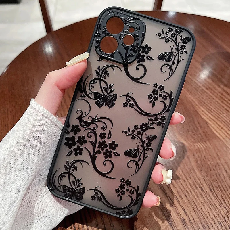 Contrast Frame Flower & Butterfly Print Case for Xiaomi Redmi Note 13 12 Pro Plus 12S 11 11S 10S 10 Redmi 12C 13C 13C 14C Cover