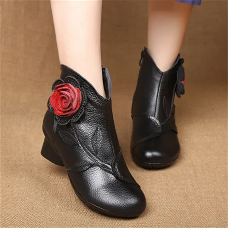 TIMETANG New Folk Style Floral Female Shoes Winter Comfortable Genuine Leather Ankle Boots for Women All Match Retro Boots C313