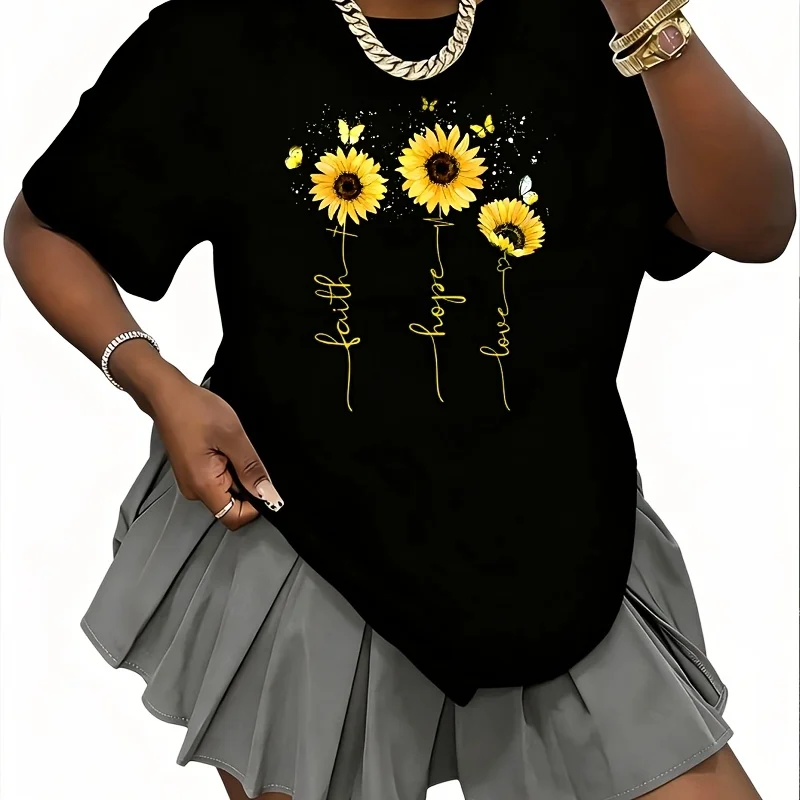 Christian for Women Sunflower Faith Hope Love Women's T-Shirt 100% Cotton Fun Print Short Sleeve Top Casual Round Neck Tee S-5Xl