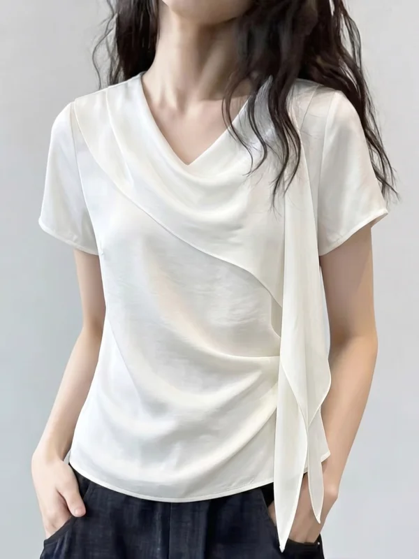 

Elegant Short Sleeve T-Shirt Women's Summer New Style Korean Version Loose Fit V-Neck Casual Top for plus Size Ladies