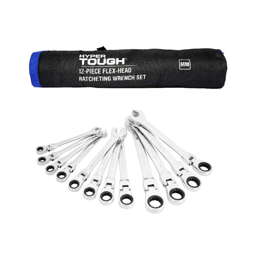 

12-Piece Metric Flex Head Ratchet Wrench Set for Automotive Repair Mechanical Work Black Oxide Finish, Compact Design, Dual-Sid