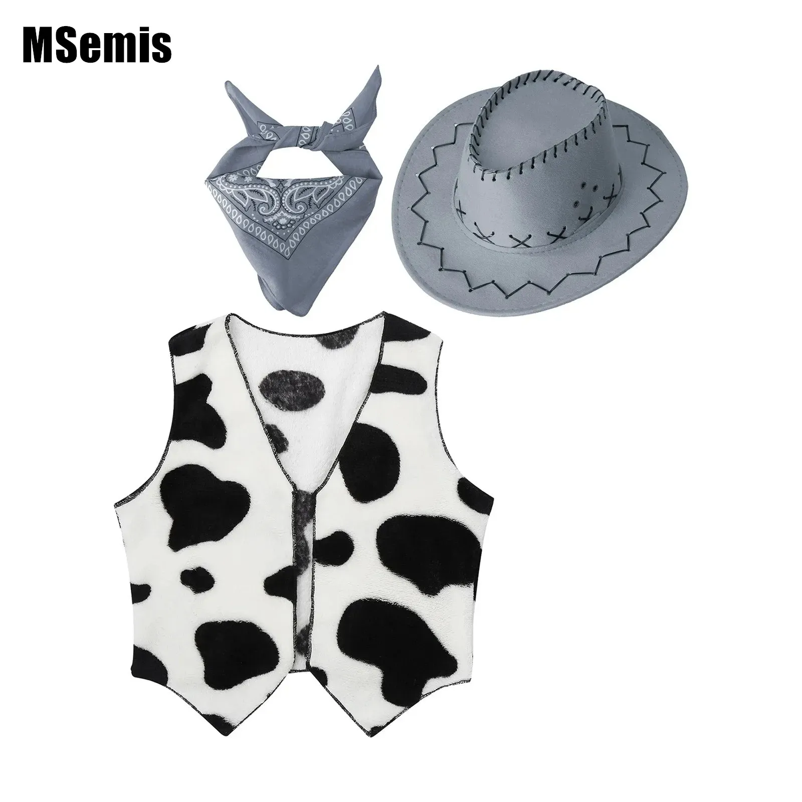 

Unisex Kids Western Cowboy Cowgirl Costume Set Open Front Printed Waistcoat with Hat And Bandana for Halloween Cosplay Dress Up