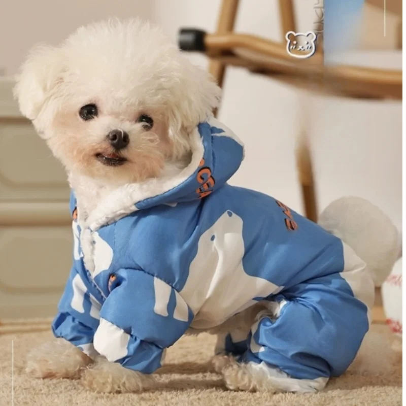 Dog Autumn and Winter Clothing Splash-proof Puppy Warm Four-legged Cotton Clothing Pet Outdoor Waterproof Clothing Teddy Puppy