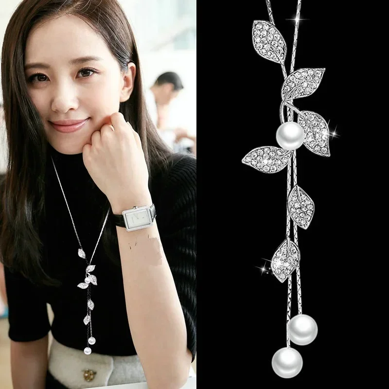 Elegant Leaf Long Necklace Women Bijoux New Fashion Jewelry Simulated-Pearl Necklaces & Pendants