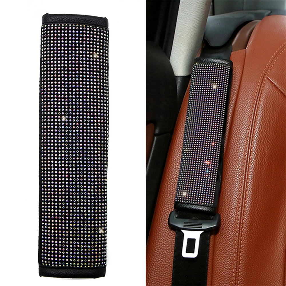 2 Pieces Car Seat Belt Cover Leather Seat Belt Shoulder Pad Crystal Rhinestones Diamond Shoulder Cover