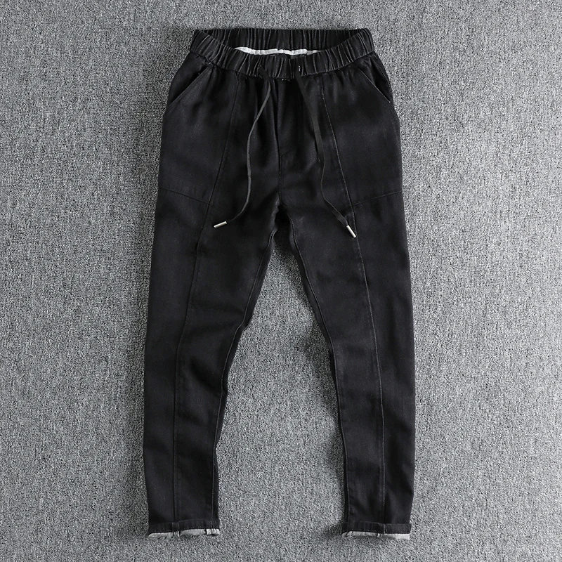 

Comfortable Black Washed Denim Jeans for Men with Drawstring Waist Straight Leg 3D Tailoring Casual Long Trousers