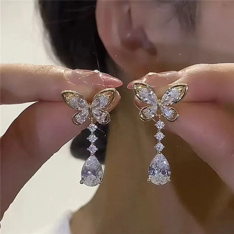 Exquisite blaue Schmetterlings-Ohrhänger für Damen, luxuriöse, glänzende Zirkon-Schmetterlings-Ohrringe, Charms, Party-Schmuck-Accessoires – Detail 9