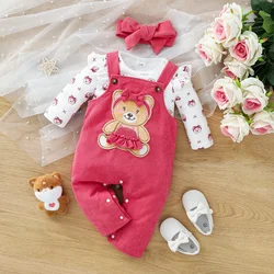 3-piece baby girl bear pattern romper and pink bib set with headband