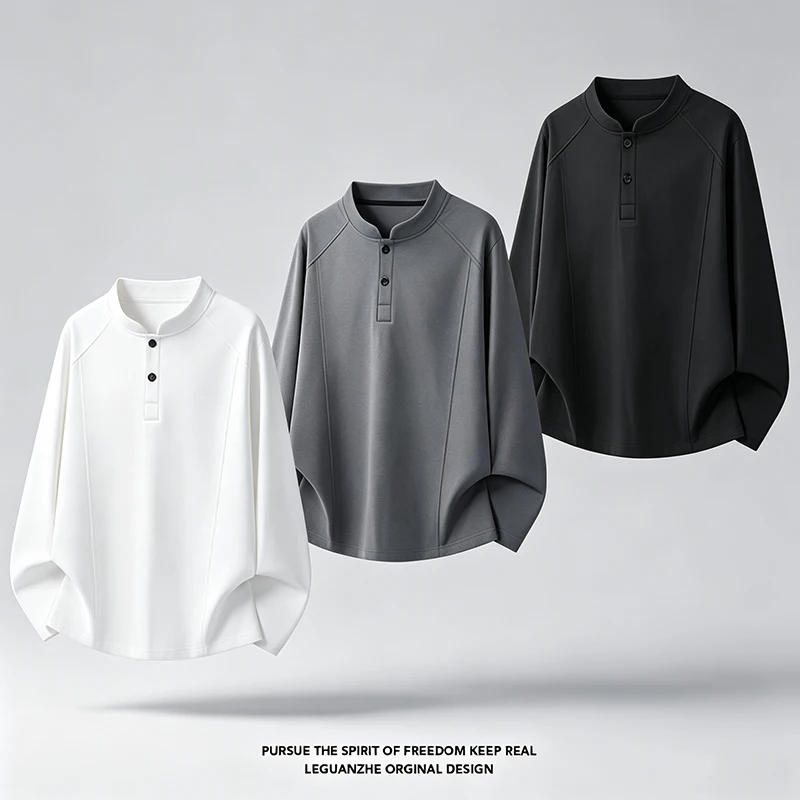 Herren-Freizeit-Langarm-Henley-Shirt mit Stehkragen, Raglanärmeln, lockerer Passform, leicht, weich, Basic-Oberteil – Detail 3