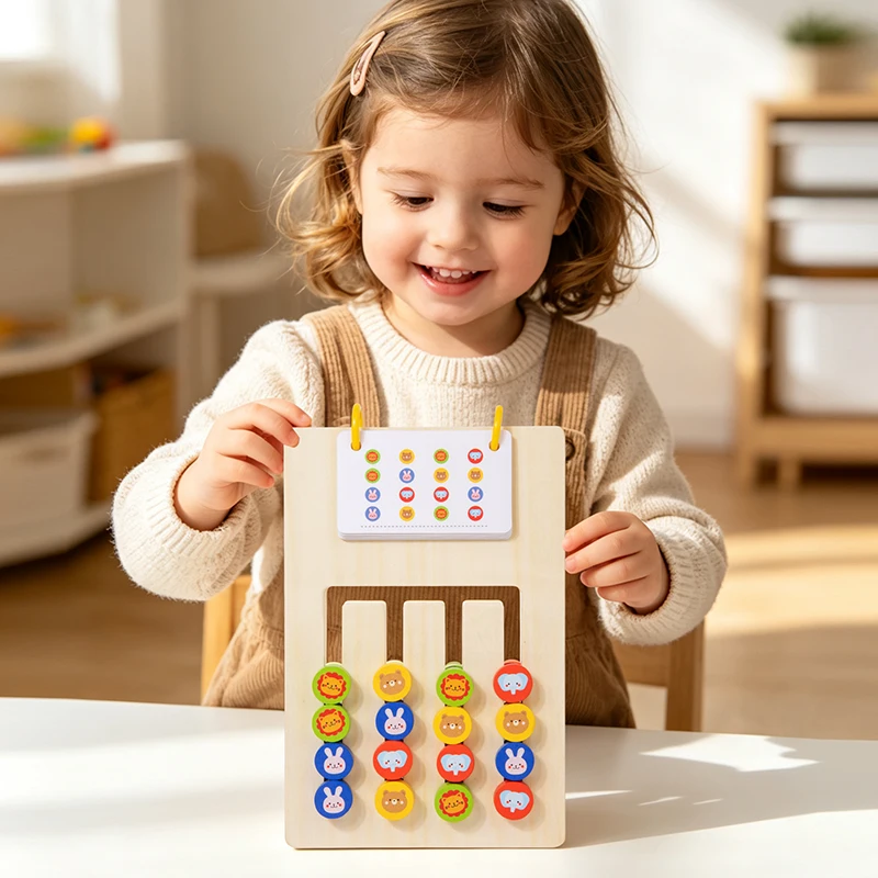 Jeu d'échecs Montessori en bois à quatre couleurs, jeu de correspondance double face, jeu d'apprentissage cognitif, entraînement à la pensée logique, éducation précoce