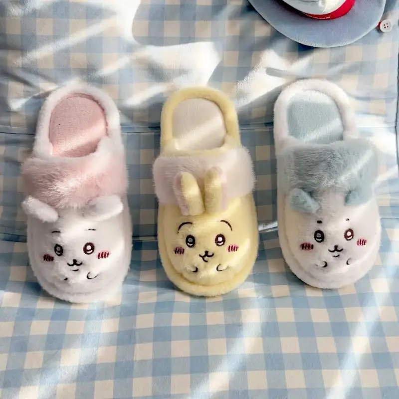 Anime Chiikawa Hachiware Cute Cartoon Rabbit Velvet Soft Sole Non-Slip At Home Cotton Slippers Girl Winter Thicken Keep Warm