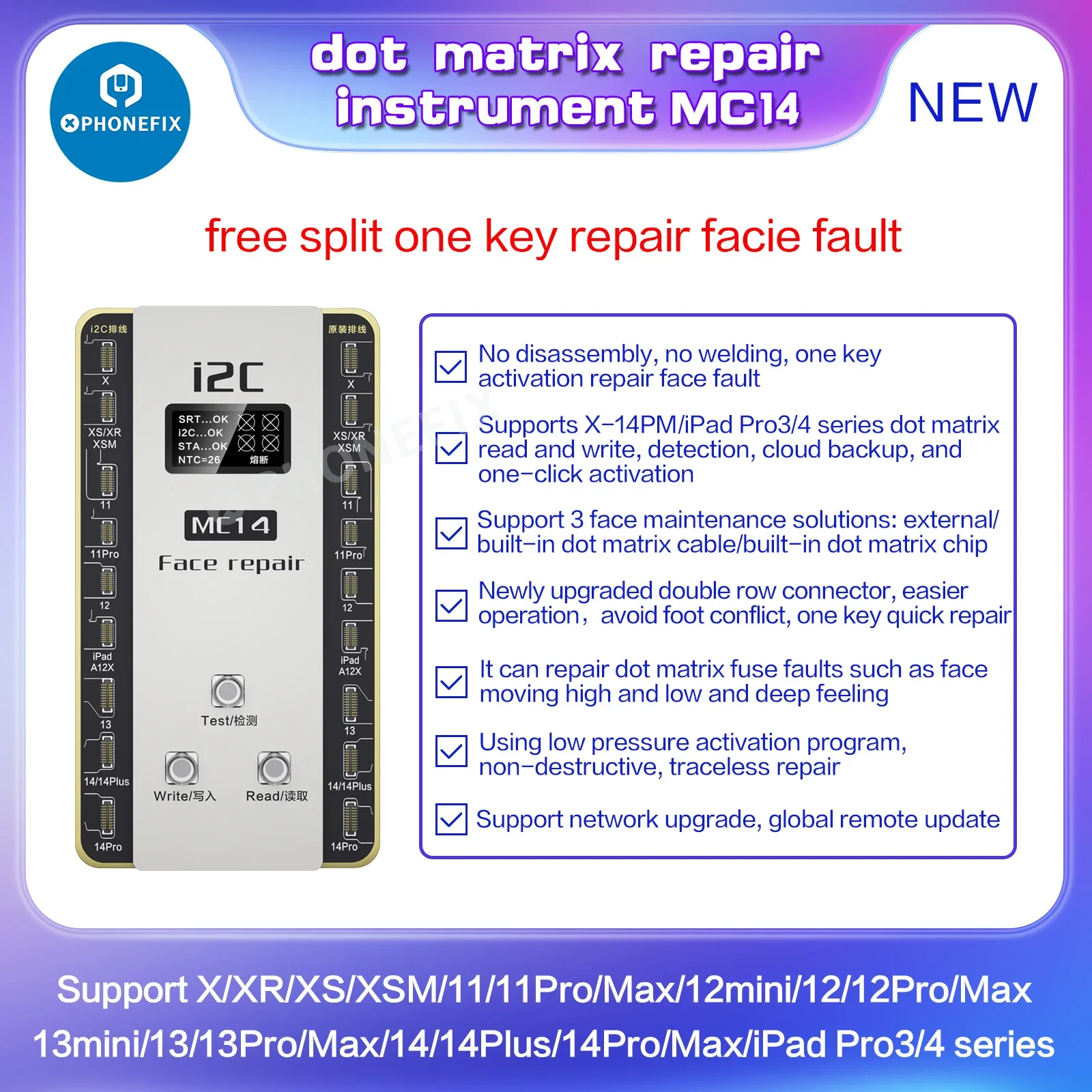 I2c mc14 reparação de identificação facial cabo flexível sem solda para iphone X-14 dot matrix programador sem desmontagem cabo flexível sem remoção