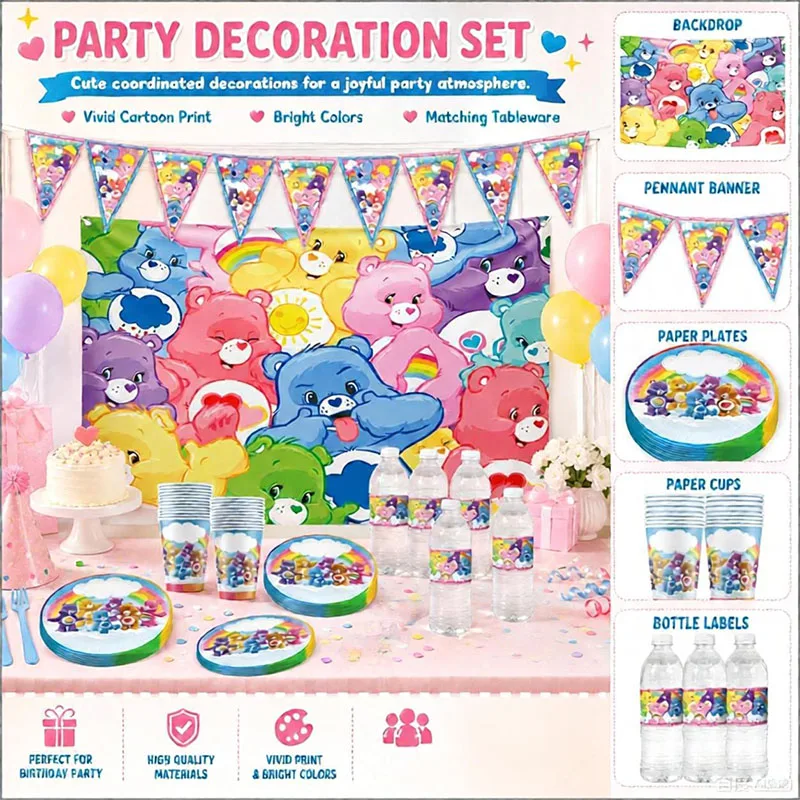Bunte Care Bears Anime-Themen Teller, Becher, Banner und Hintergrund – Stilvolles Set für Geburtstagsfeiern und Familientreffen mit Geschenken – Detail 5