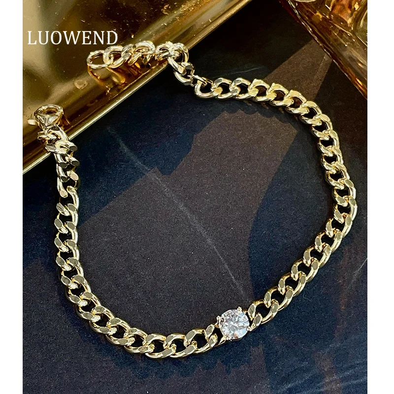 LUOWEND 100% 18K Yellow Gold Bracelet Fashion Cuban Chain Design Shiny Real Natural Diamond Bracelet for Women Fine Jewelry