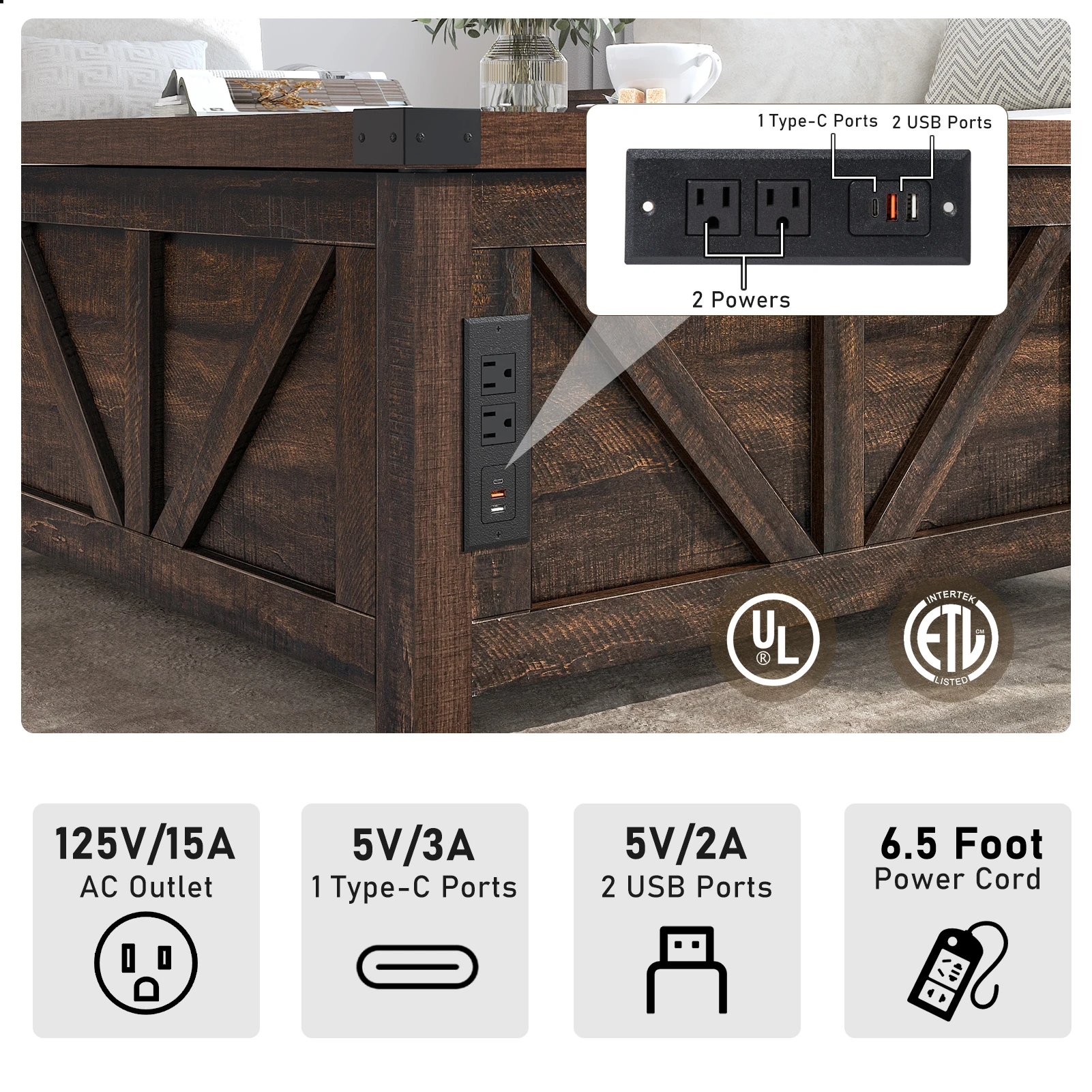 Farmhouse Lift Top Coffee Table, Mesa central da sala de estar com espaço oculto, Wood Square Center Table com estação de carregamento, Marrom