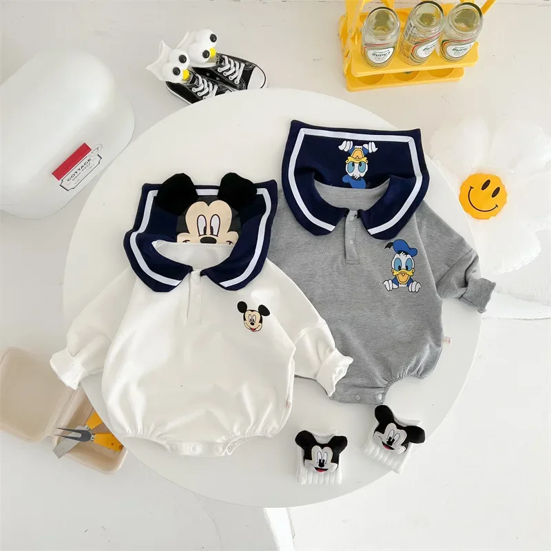 Spring Newborn Baby Rompers Socks Set Cartoon Mickey Mouse Donald Boy Girl Jumpsuit Infant Costumes Cotton Long Sleeve Bodysuits