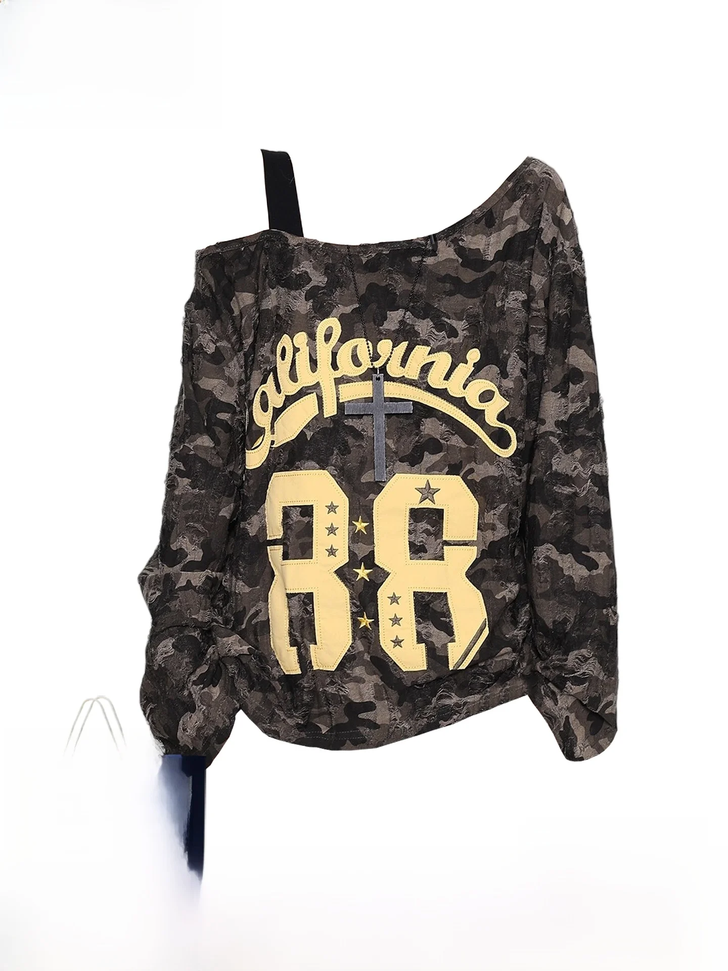 الأمريكية الساخنة فتاة التمويه إلكتروني طباعة طويلة Sve تي شيرت المرأة أوائل الخريف فضفاض الرباط مربوط أعلى Ci المشي Sle