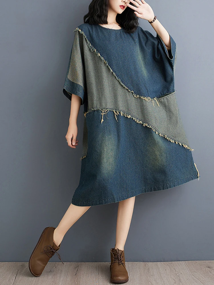 NYFS Vintage Spring Summer Women Clothing Contrast Color Stitching Denim Dress Raw Edge Loose Long T Shirt Female Robes