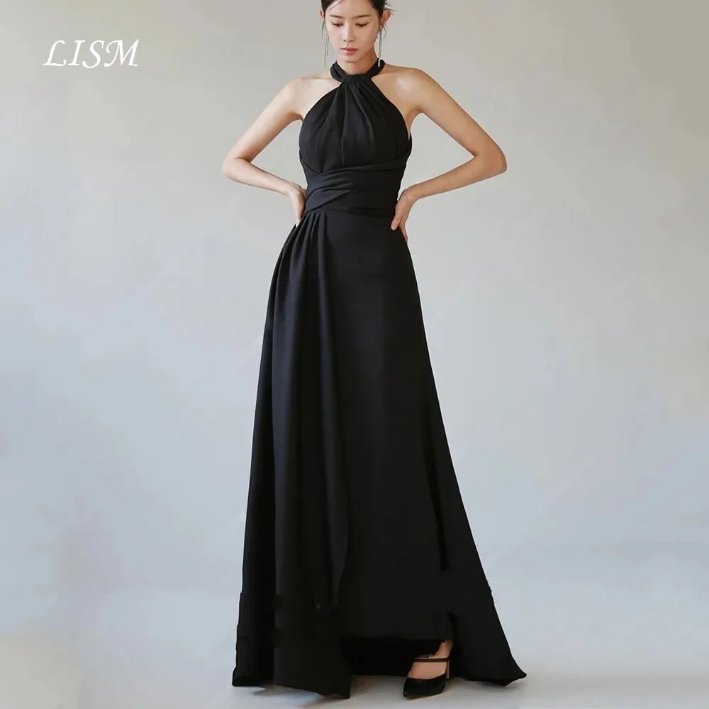 

LISM Simple Black Evening Dress A-Line Halter Floor-Length Formal Party Occasion Dresses A-line Satin Prom Gown Customized