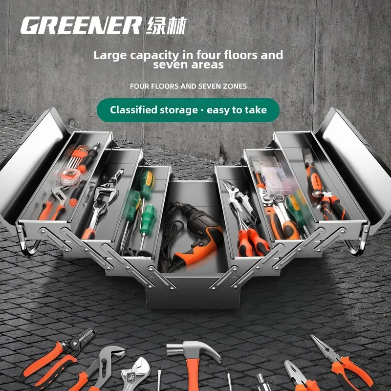 Heavy Duty Stainless Steel Toolbox with 3-Layer Folding and Carrying Handle - Industrial Grade for Home and Car