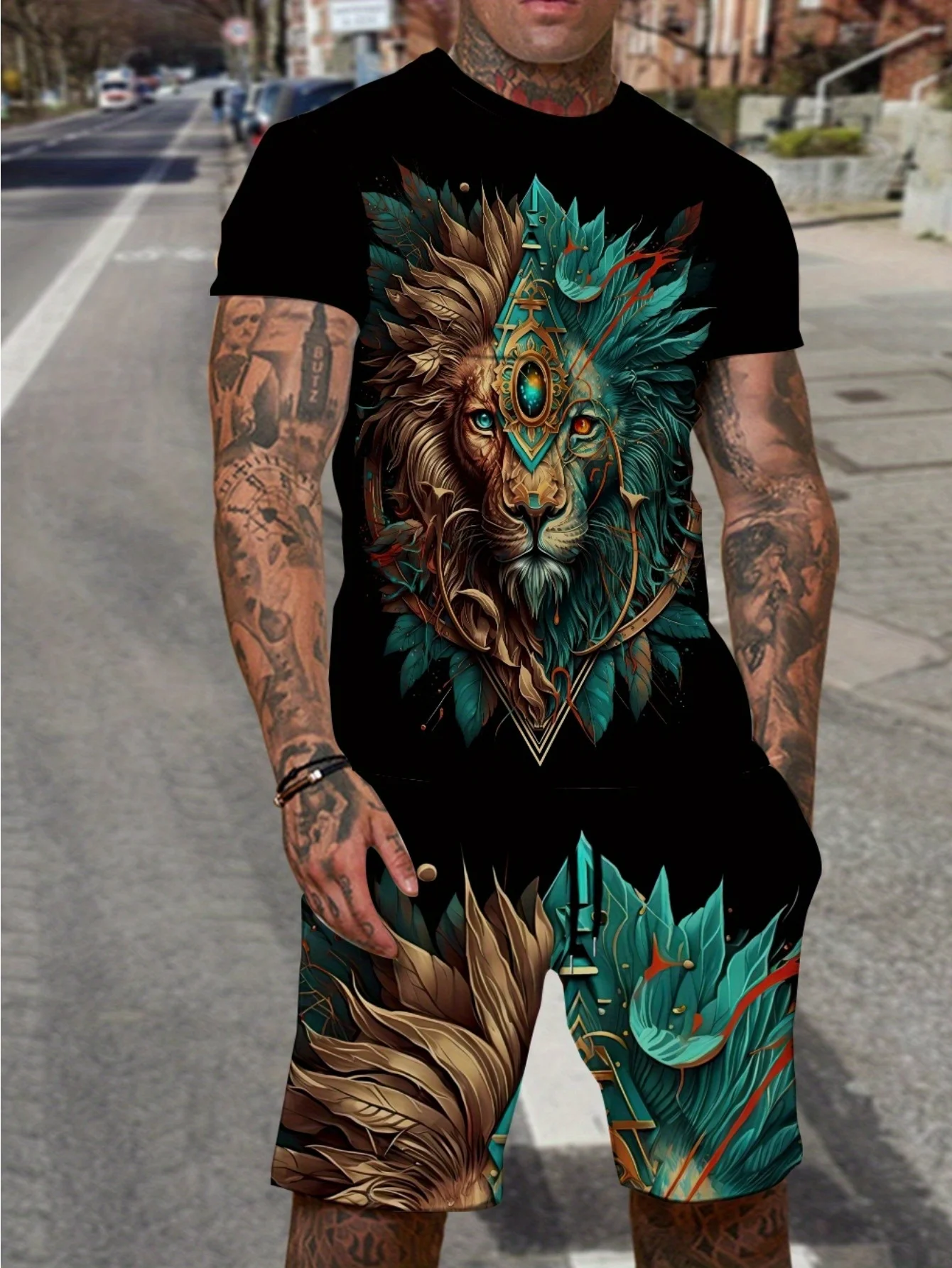 

New Design Men'S Summer T-Shirt Suit 3d Lion Print Personality Short-Sleeved T-Shirt Shorts Suit Breathable Jogging 2-Piece Suit