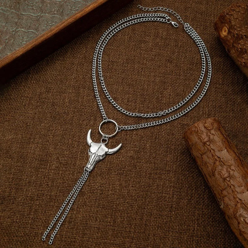 Simple Boho Silver Color Textured Bull‑skull Tassel Charms Double-layered Necklace for Women Cowboy Style Festival Party Jewelry