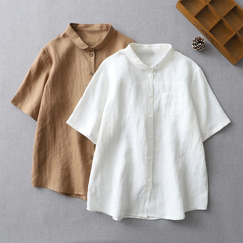 

Casual Cotton Linen irt Women's Summer ort Sve Versatile Top Pure Color Collar Loose Fit Regular Length
