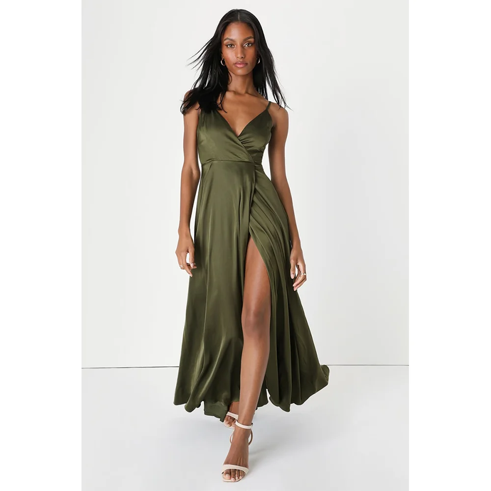 QueensLove Army Green Bridesmaid Dress V-Neck Straps Evening Prom Dress Classic Style High Split A-Line Satin Dress