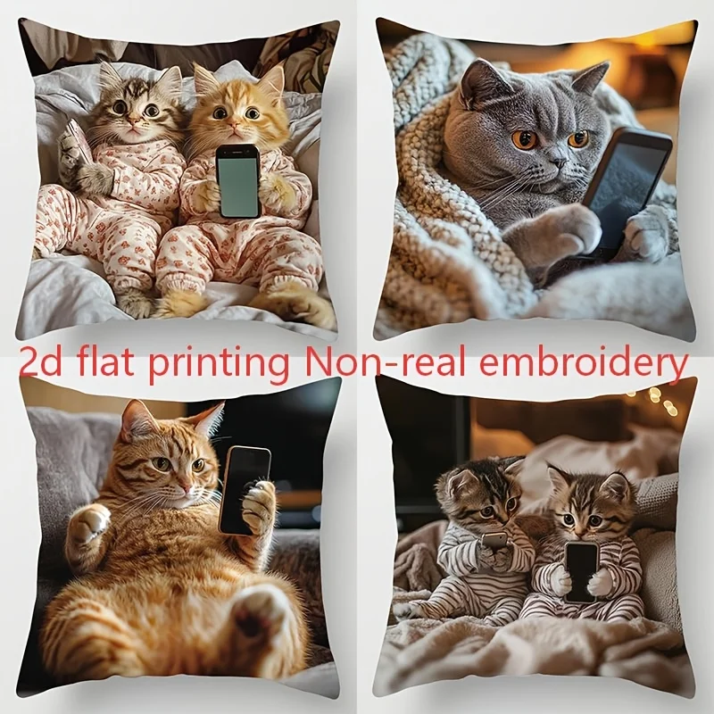 4 Piece Flat Print Pillow Cover Set Featuring Elements Like Beach Sea Waves Palm Trees Sunshades And Shells Suitable For Home