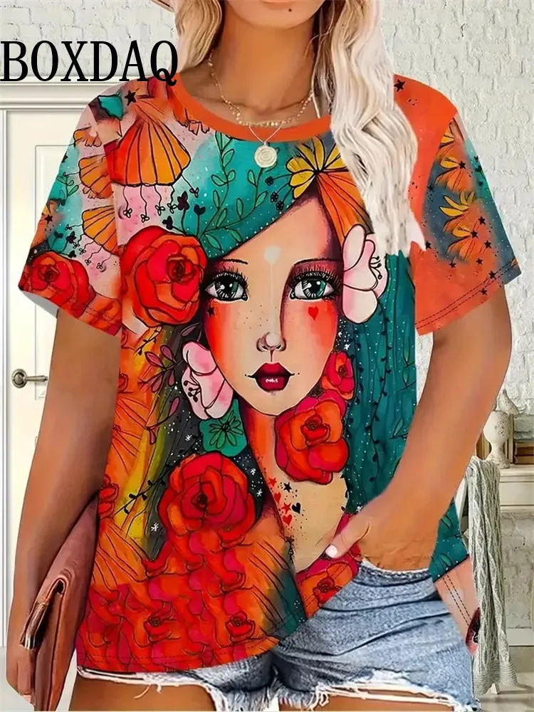 

Новинка 2025 года, женская футболка, летние модные топы с короткими рукавами, повседневная футболка с 3D принтом персонажей мультфильма, женская одежда больших размеров