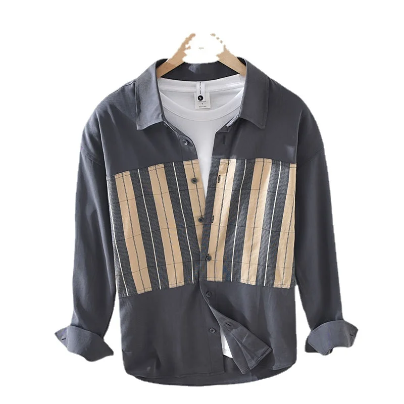 

splicing Japanese loose casual cotton shirt men's spring and autumn new square collar striped long-sleeved youth jacket