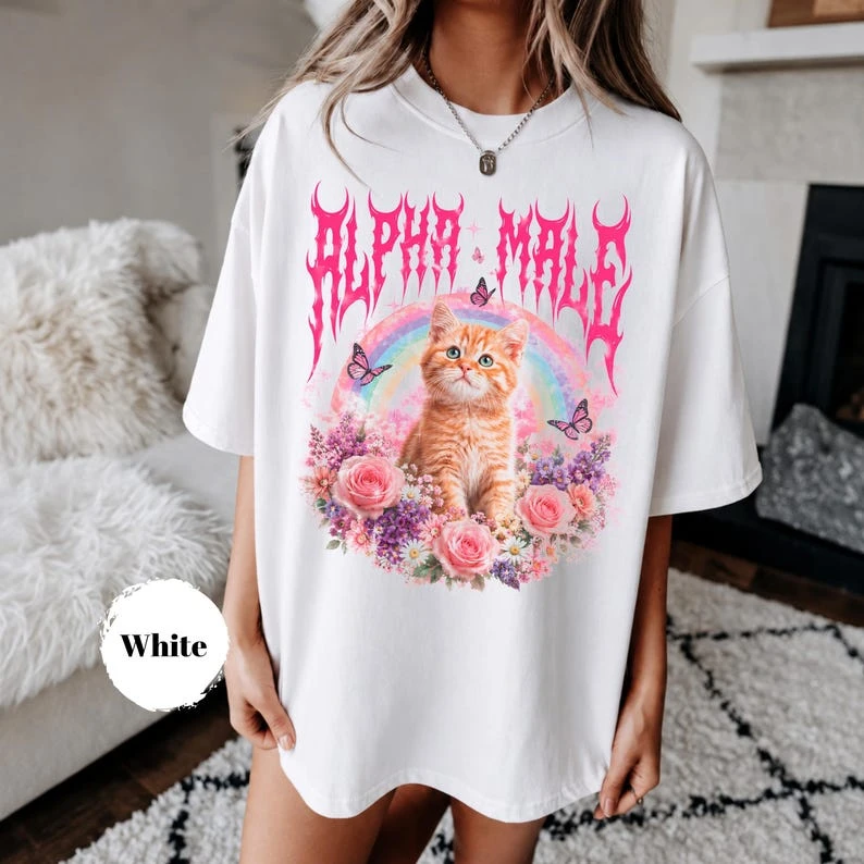 Alpha Cat Cute Orange Cat T-shirt Fun Cat Enthusiast Gift Rainbow Cat Pattern T-shirt Unisex streetwear shirt  y2k top
