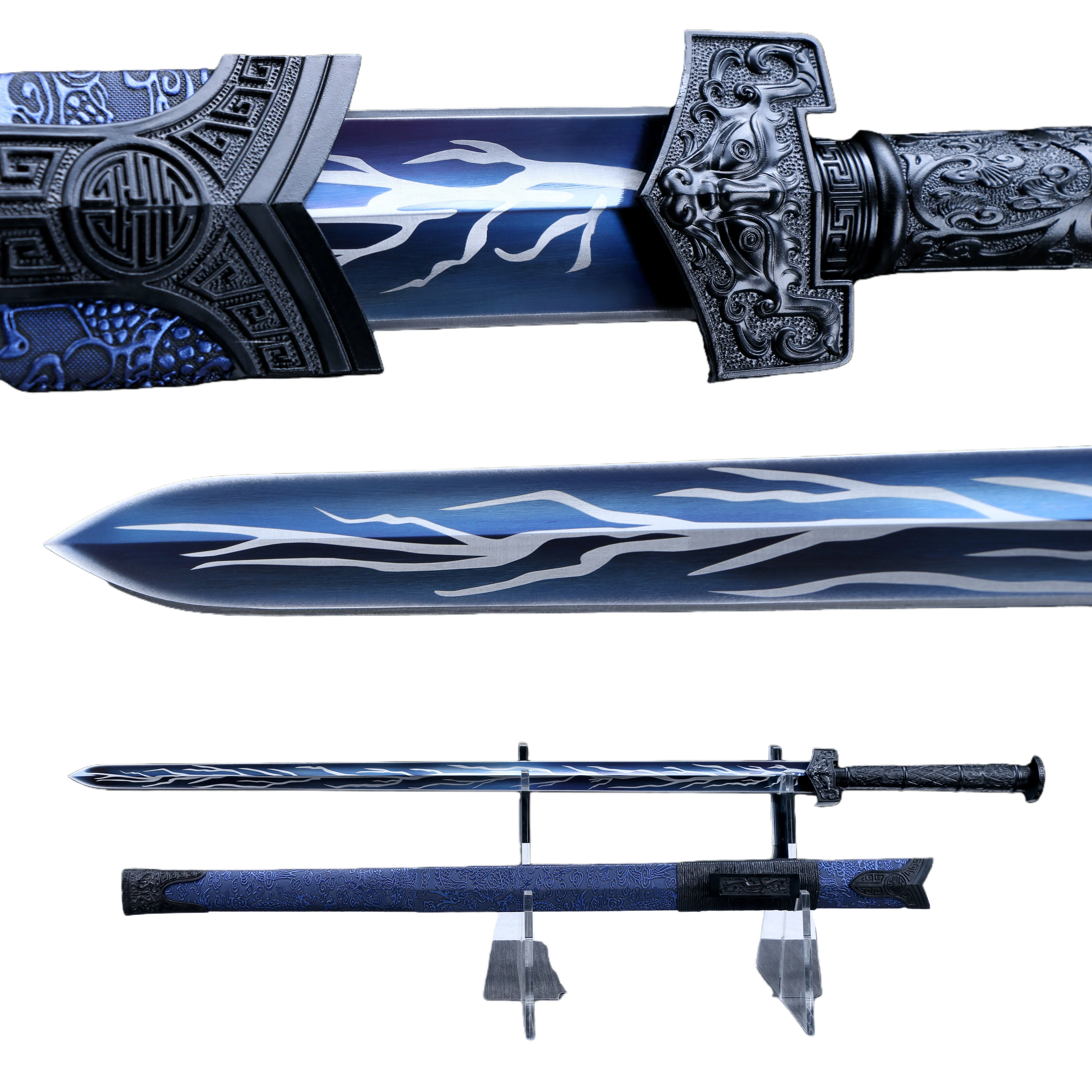 Medieval China Thunder Lightning Carbon Steel sharp samurai Sword battle preparation katana Blue double-tile face Blood slot