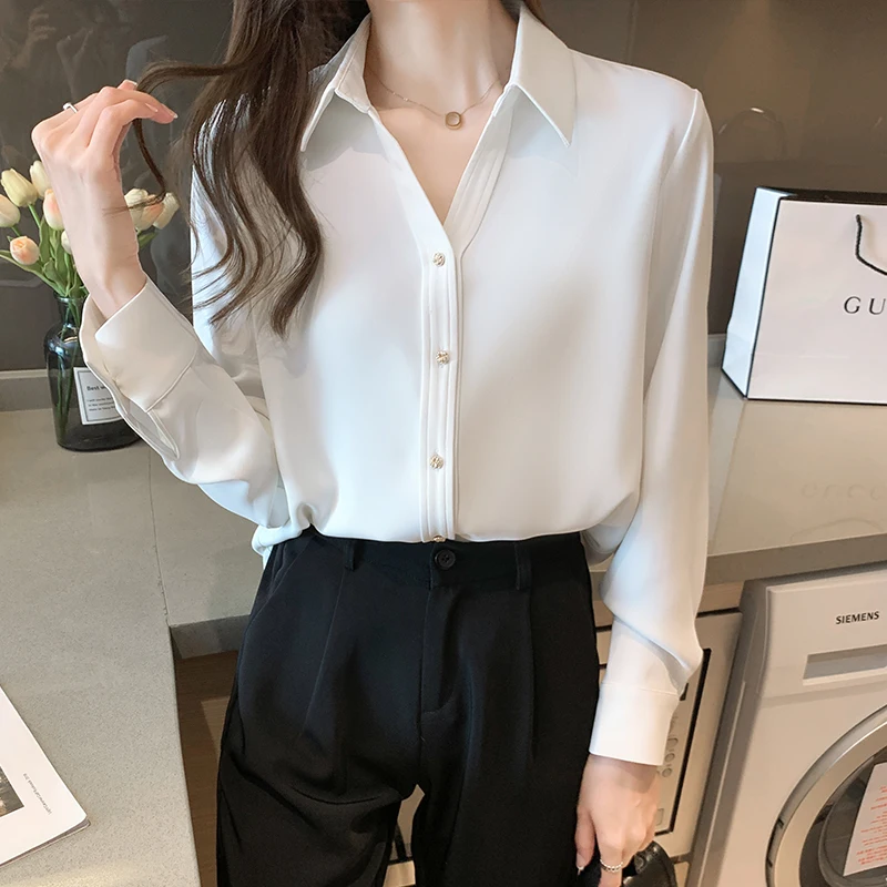 Korean Fashion Women Silk Shirts Satin Blouses Women Long Sleeve Shirts Tops Woman White Shirt Blouse Woman V-neck Ladies Shirt