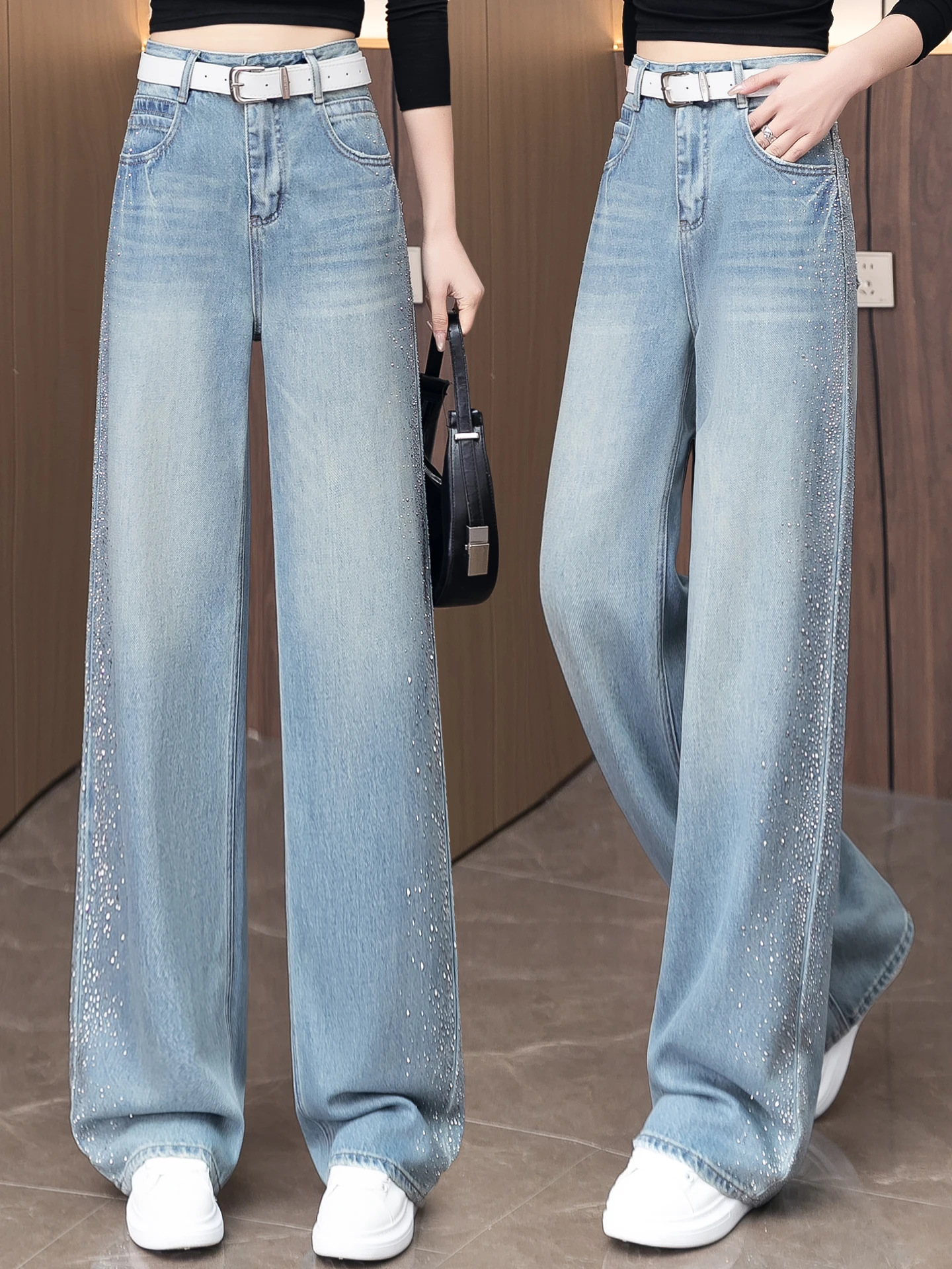 

Light Blue Rhinestone Embellished High Waist Straight Leg Wide Leg Jeans Women's Spring Autumn New Style Slimming Floor-Lengt...