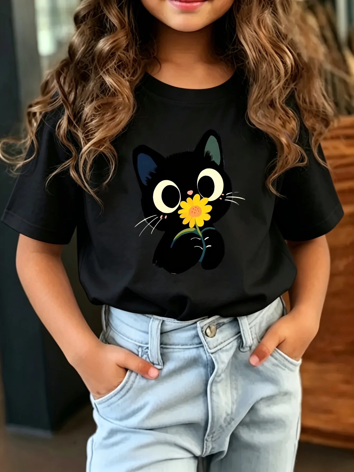 Kids Cute Black Cat Holding Yellow Flower Graphic Tee Boys Girls Family Matching Short Sleeve Lovely Pet Casual Daily T Shirt
