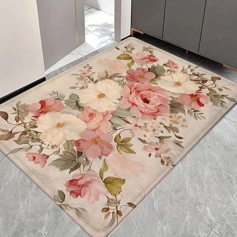 Peony Floral Printed Pattern Rug Outdoor Wrinkle-Resistant Doormat Washroom Entrance Decor Washable Carpet Welcome Non-slip Mat