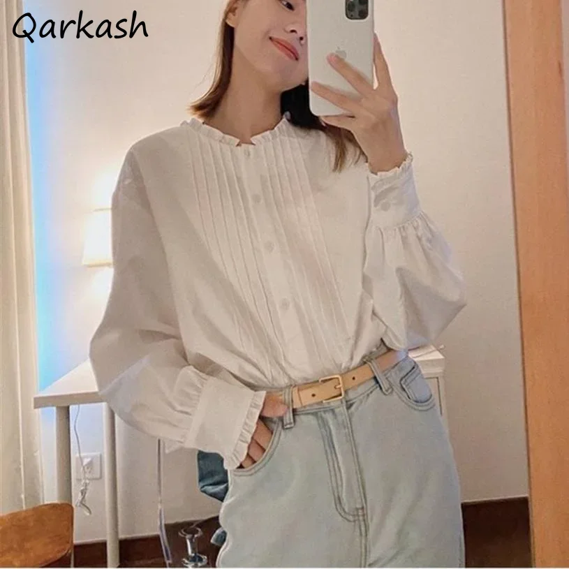 

Рубашки женские плиссированные простые модные офисные женские рубашки с круглым вырезом свободные весенне-осенние студенческие женские топы темпераментные ретро Ins Ulzzang