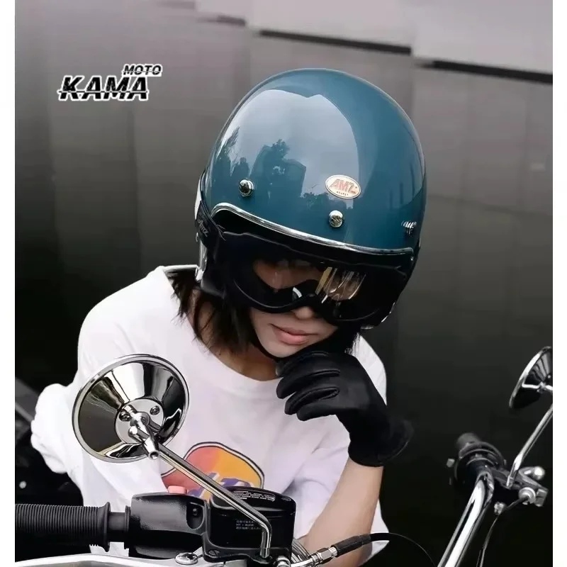 Retro Motorcycle Helmet Cruising Scooter 3/4 Half Helmet Built in Sunshade Mirror Sunshade Board Summer Helmet DOT Approved
