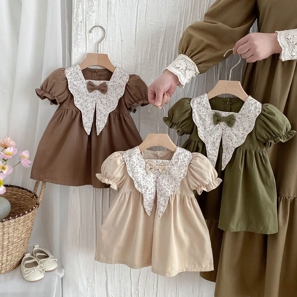 9m -4T ملابس الفتيات فستان أطفال بياقة زهرية للفتيات فساتين أطفال على شكل حرف A ملابس بناتي لطيفة