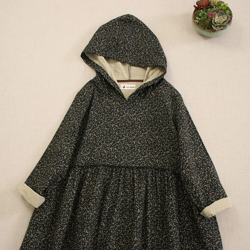 Japanese Mori Girl Vintage Floral Print Cotton Hooded Dress Women Long Sleeve Casual Loose Retro Witch Outwear Hoodie Dresses