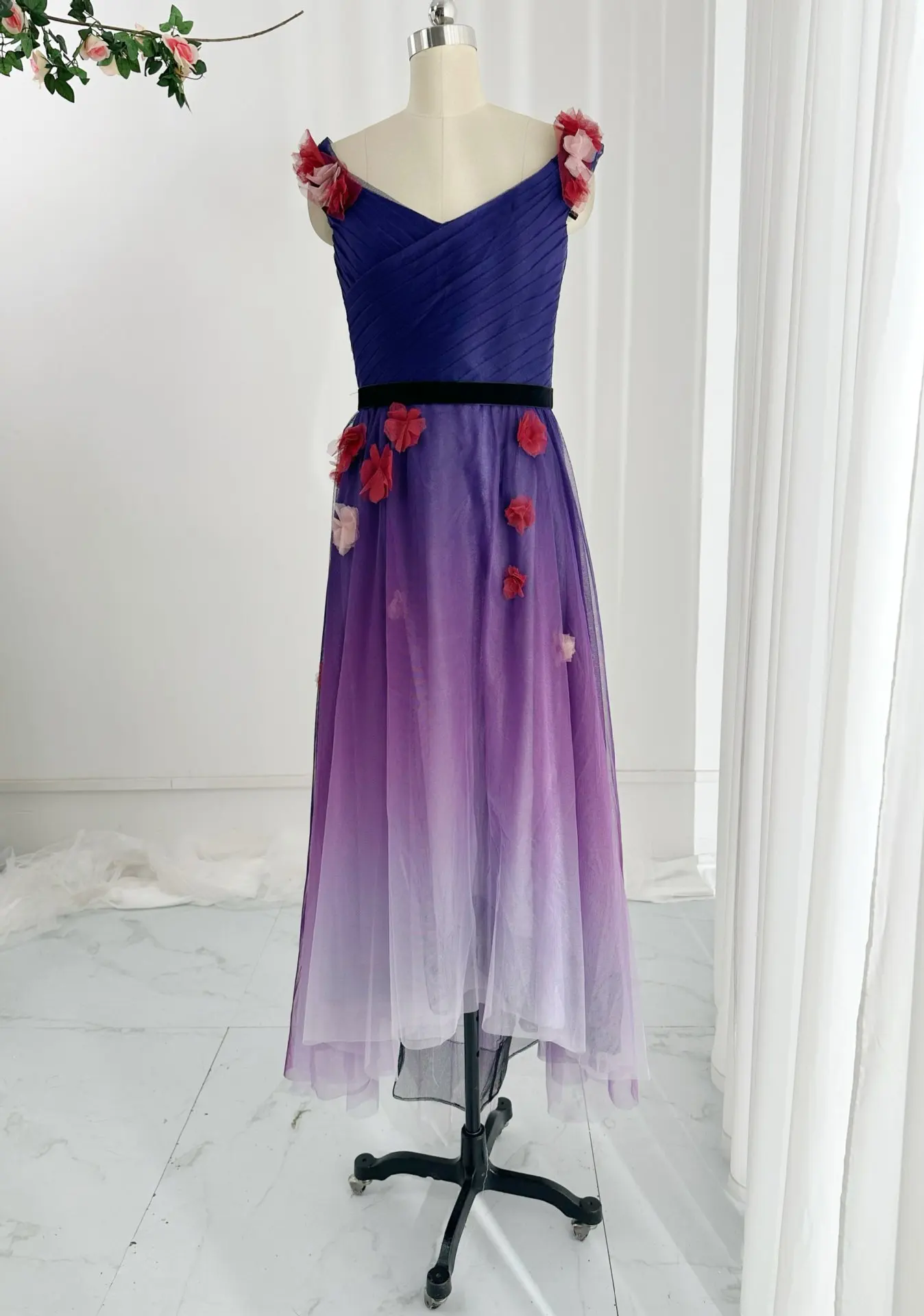 Dark Purple Fashion And Sexy V -Line Collarless Flower Chiffon Waist Waist Thin Party Performance Evening Dress Skirt M2153