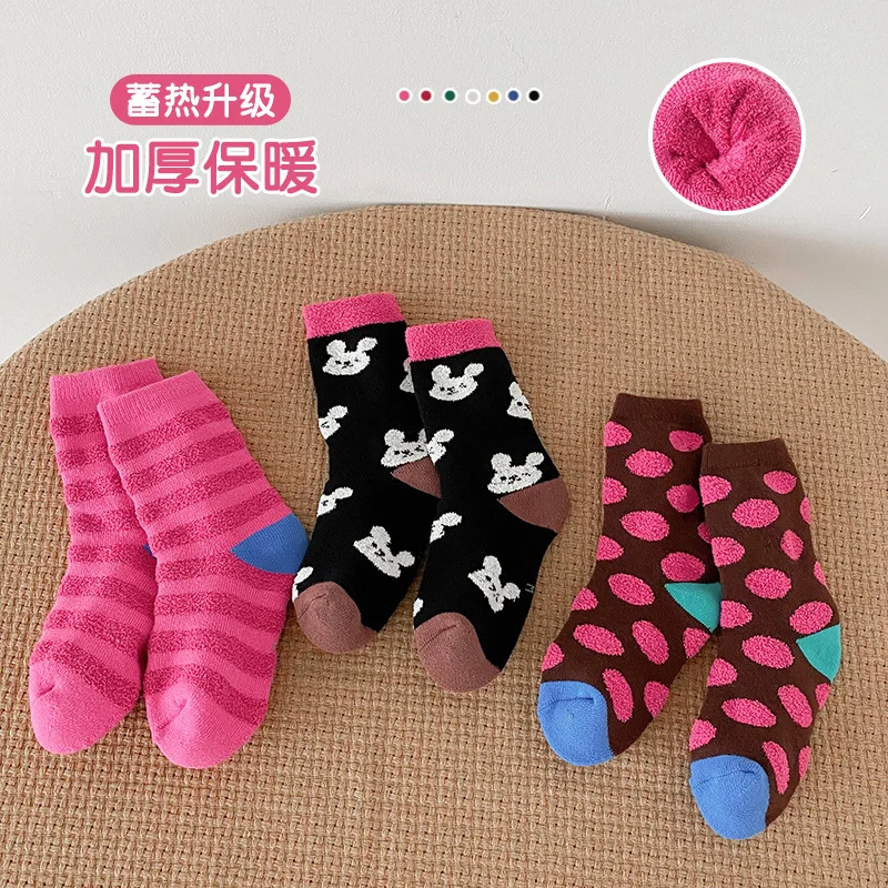 Thicken Children Socks 2023 Winter Thickened Velvet Warm Stripe Polka Dot Plush Socks Cotton Cute Boys Girls Socks