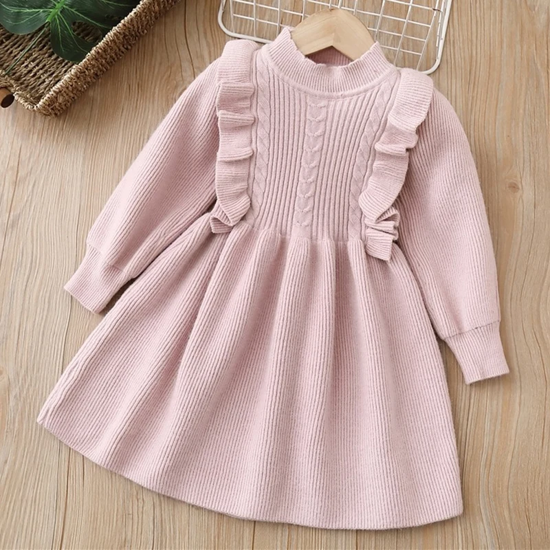 2025 New Autumn 2-6Yrs Children Clothes Baby Girl Birthday Party Dress Long Sleeved Solid Color Knitted Kids Princess Dresses