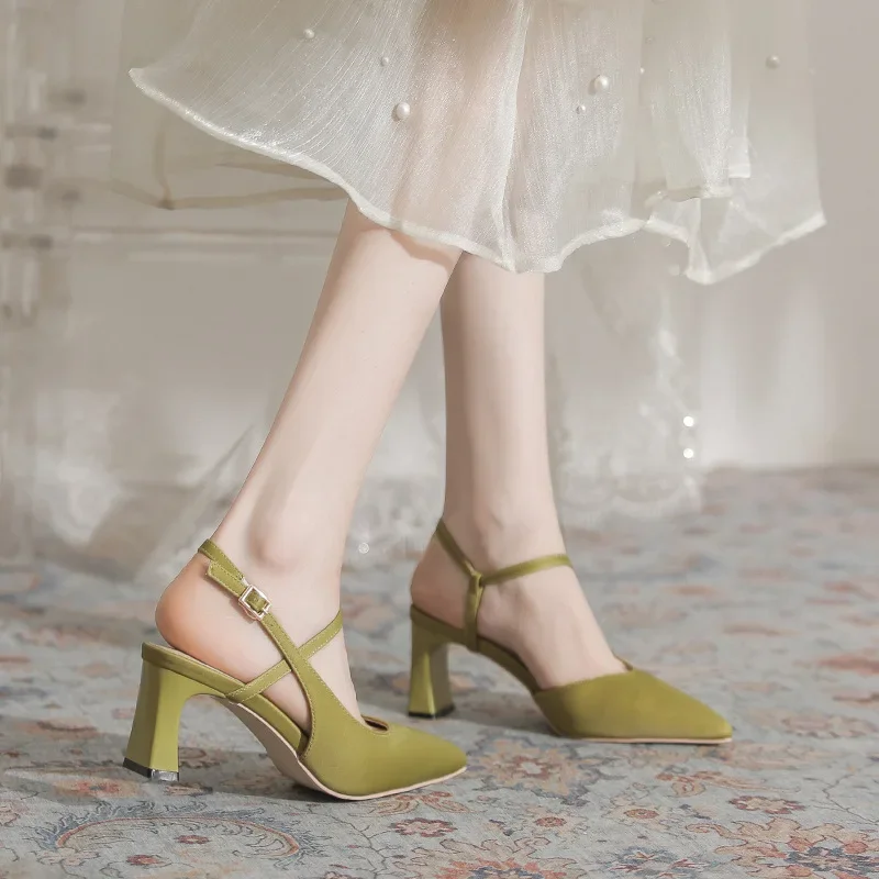 7cm Heels Women Luxury Satin Sandals High Heels Female Ankle Wrap Pointed Toe Women Green Shoes 38 39 40