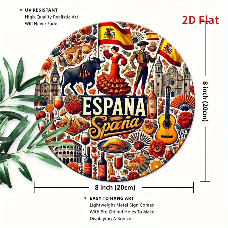2D Flat, 1pc Round Vintage-Style 2D Aluminum Wall Plaque - Traditional Spanish Culture Decor with Flamenco Dancer, Bullfighter &