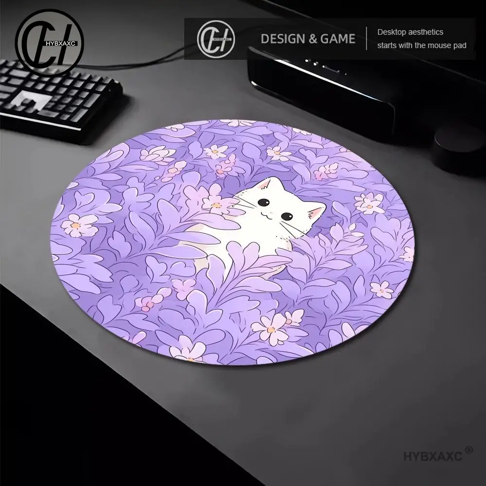 

Cute White Cat Round Mouse Pad Desk Pad Purple Lavender Rubber Mousepad Aesthetic Desk Accessory for Office Laptop Computer