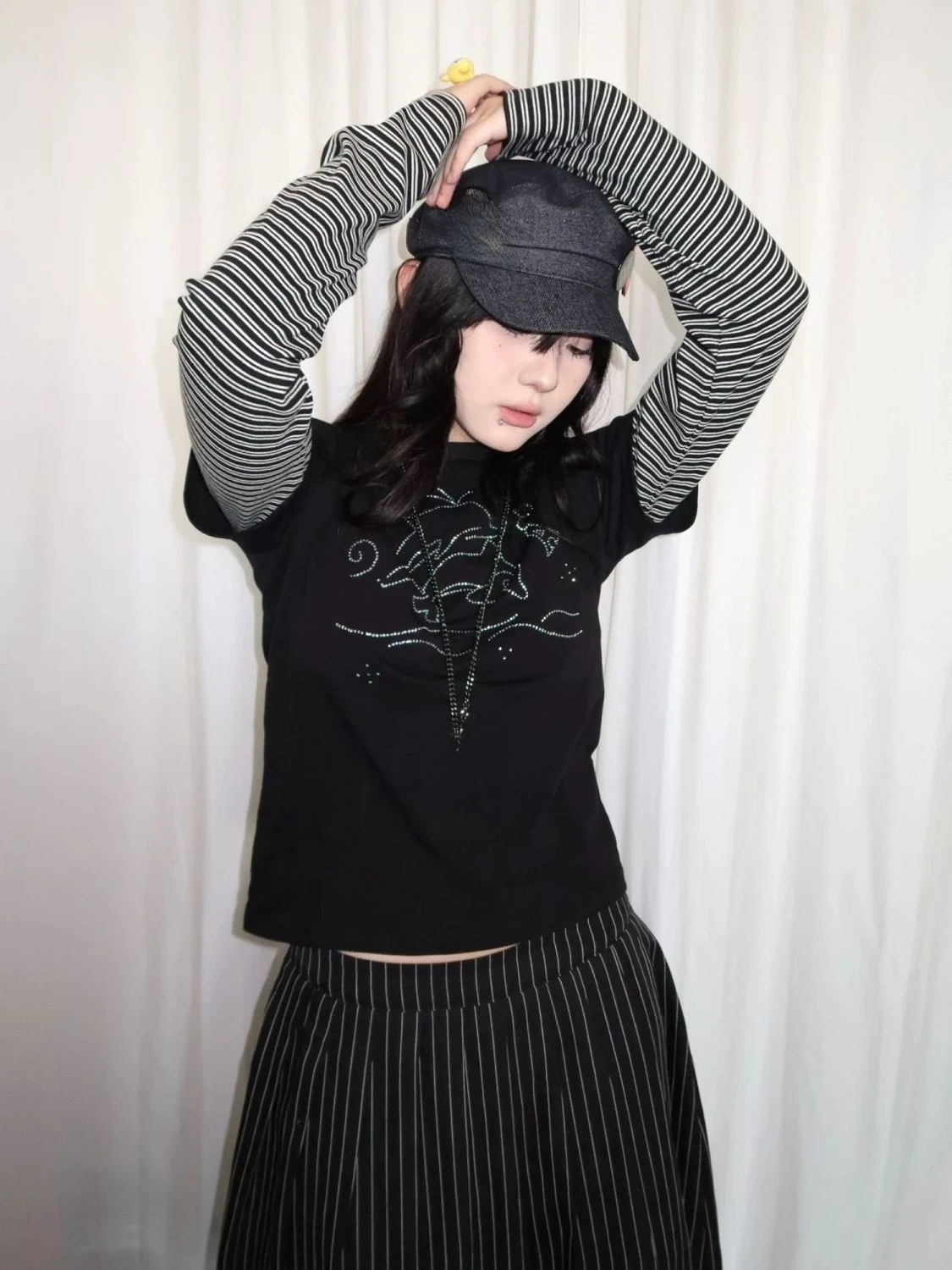 American Retro T-Shirt Long Sleeve Subculture Women Casual Striped Slim Tops Shining Print O-Neck Harajuku Sweet Autumn Tees