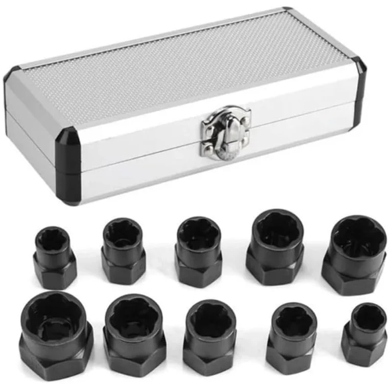 10Pcs Nut Screw Remover Extractor Tool Kit with Aluminum Organizer Socket Extractor Drill Bits for Removing Damaged Rusted Bolt